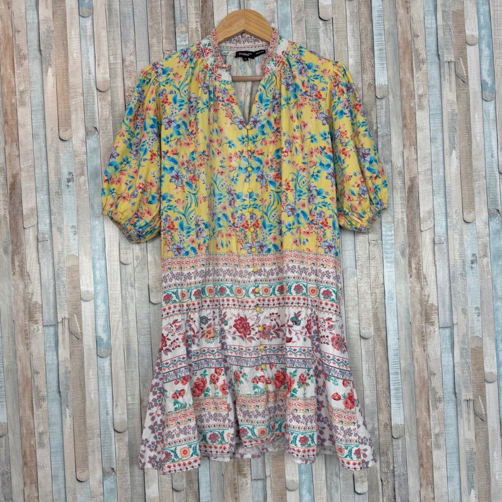 Tolani Floral Mixed Print 100% Cotton Mini Dress Button Front Puff Sleeve Boho M